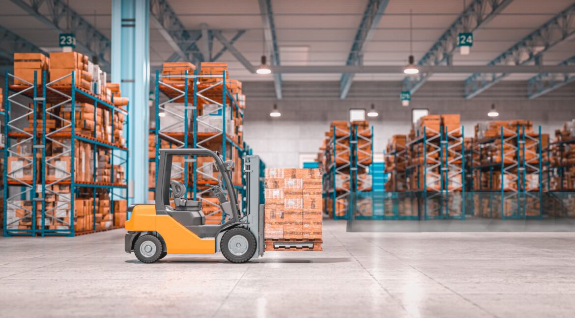 forklift with pallets inside a warehouse. 3d render