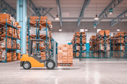 forklift with pallets inside a warehouse. 3d render